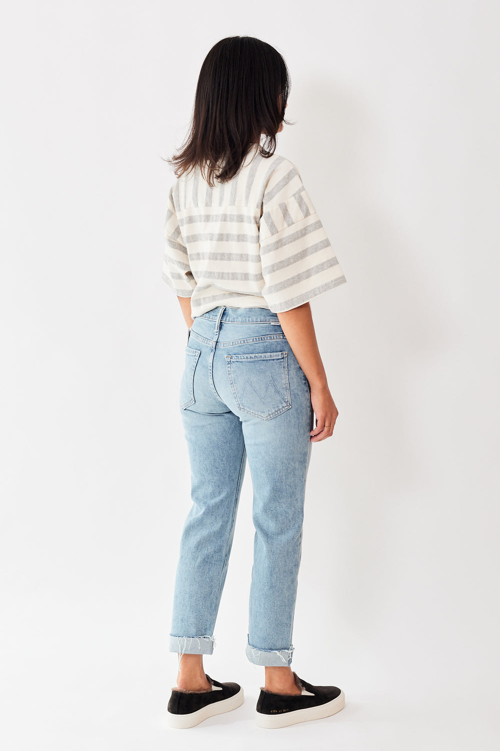 Amanda wearing Mother Denim The Scrapper Cuff Ankle Fray rear view