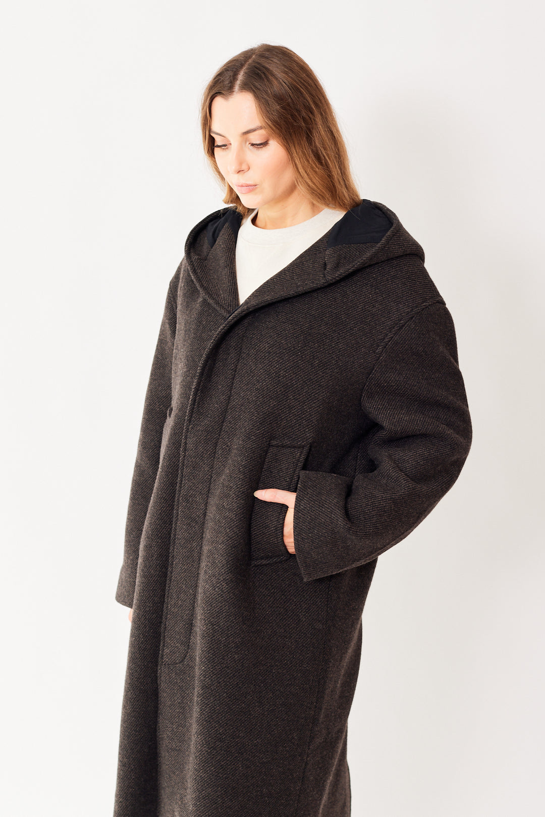 Mari wearing 6397 Hooded Car Coat front view 