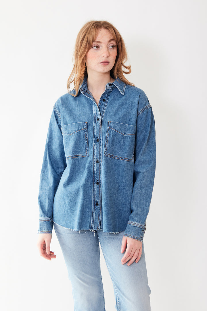 Waverly wearing ASKK NY Oversized Denim Shirt front view