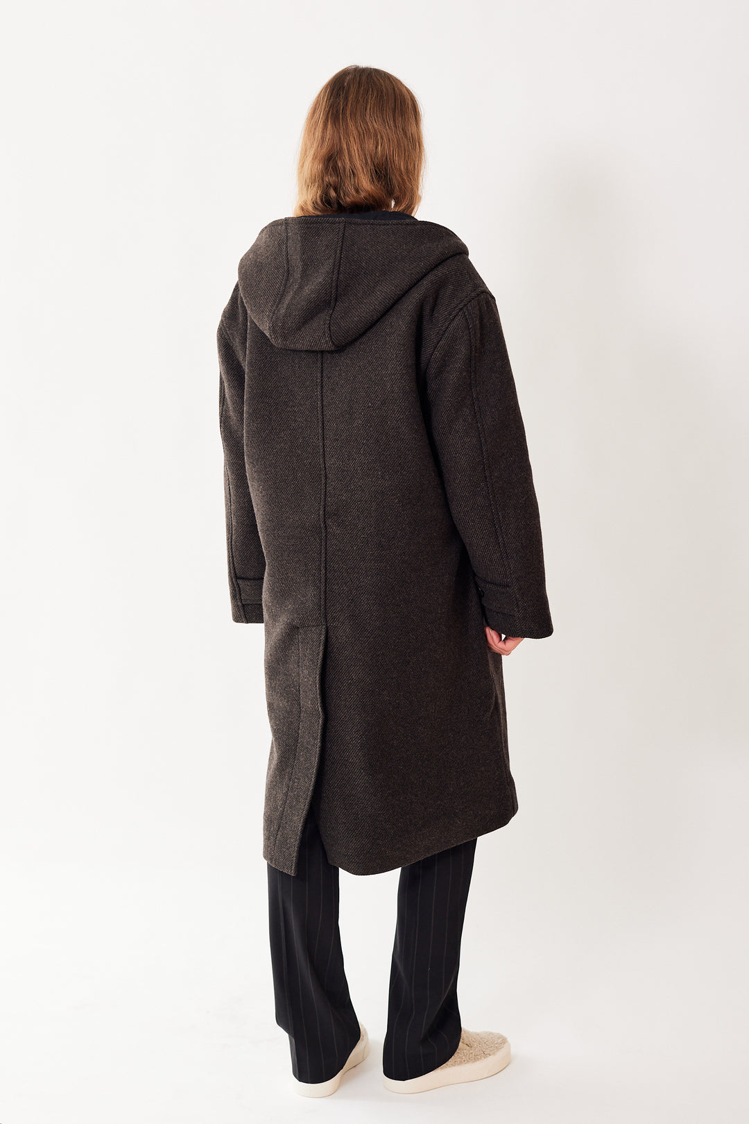 Mari wearing 6397 Hooded Car Coat rear view 