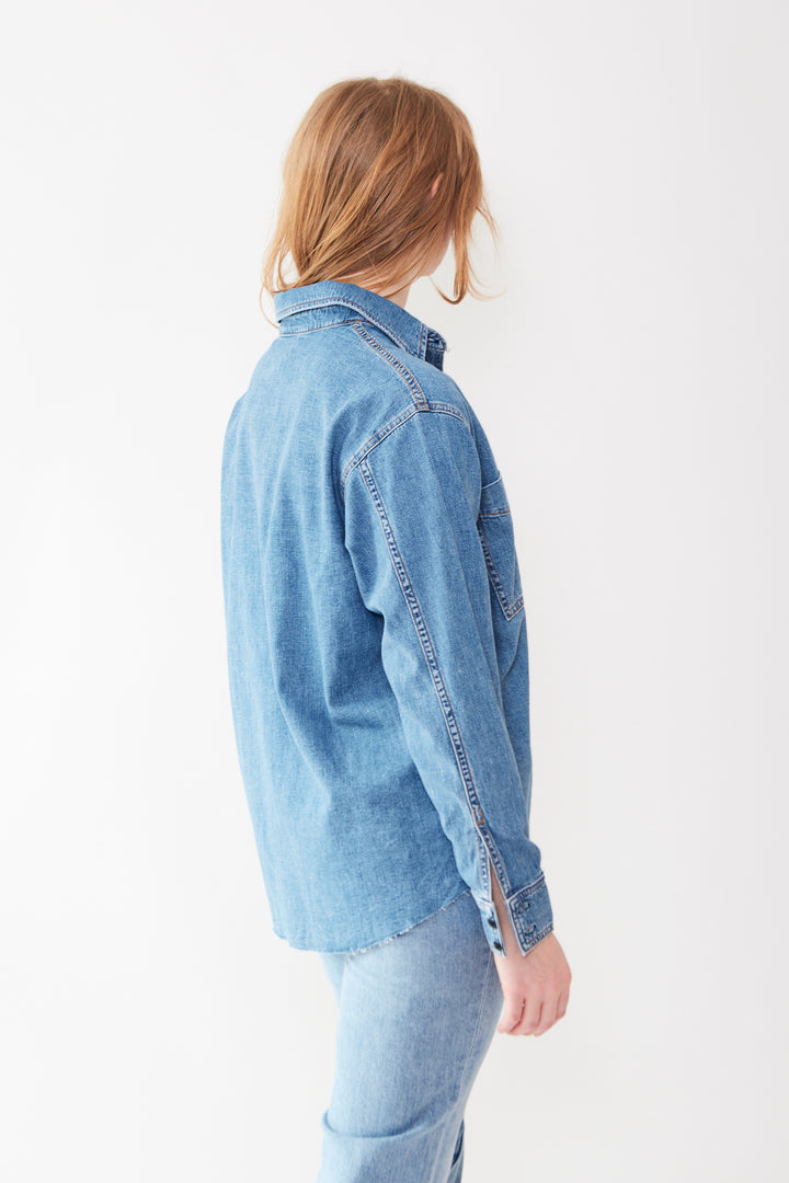 Waverly wearing ASKK NY Oversized Denim Shirt rear view