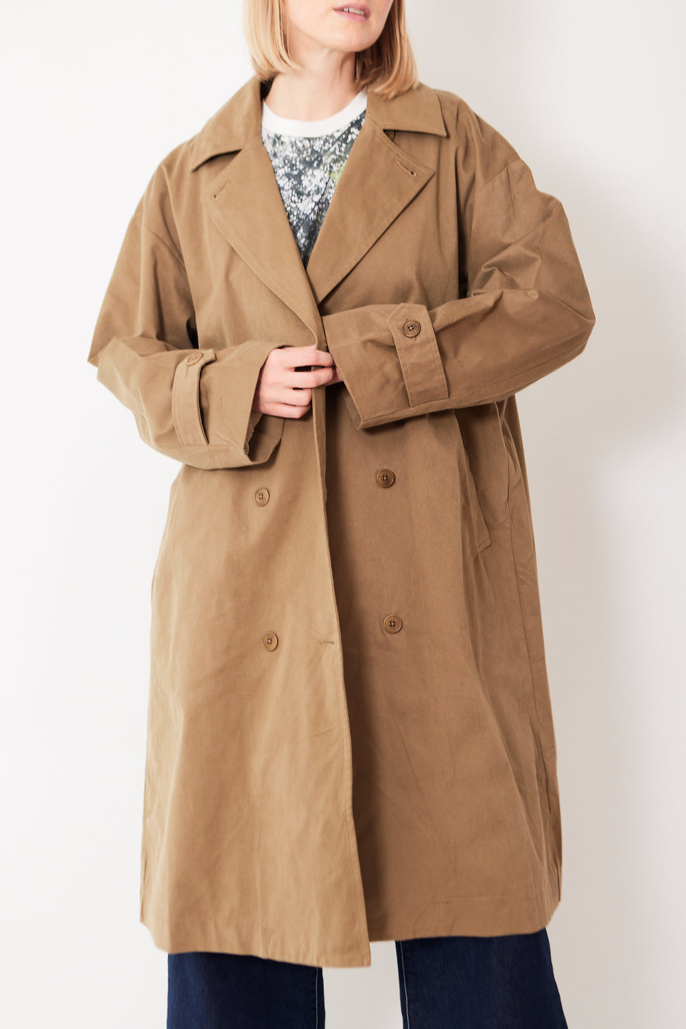 Madi wearing Kowtow Mile Trench front view