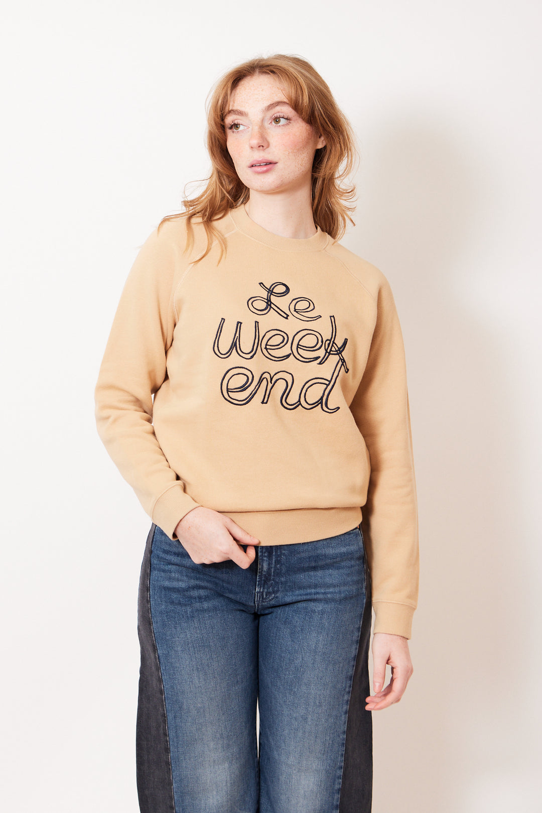 Waverly wearing Clare V. Sweatshirt front view