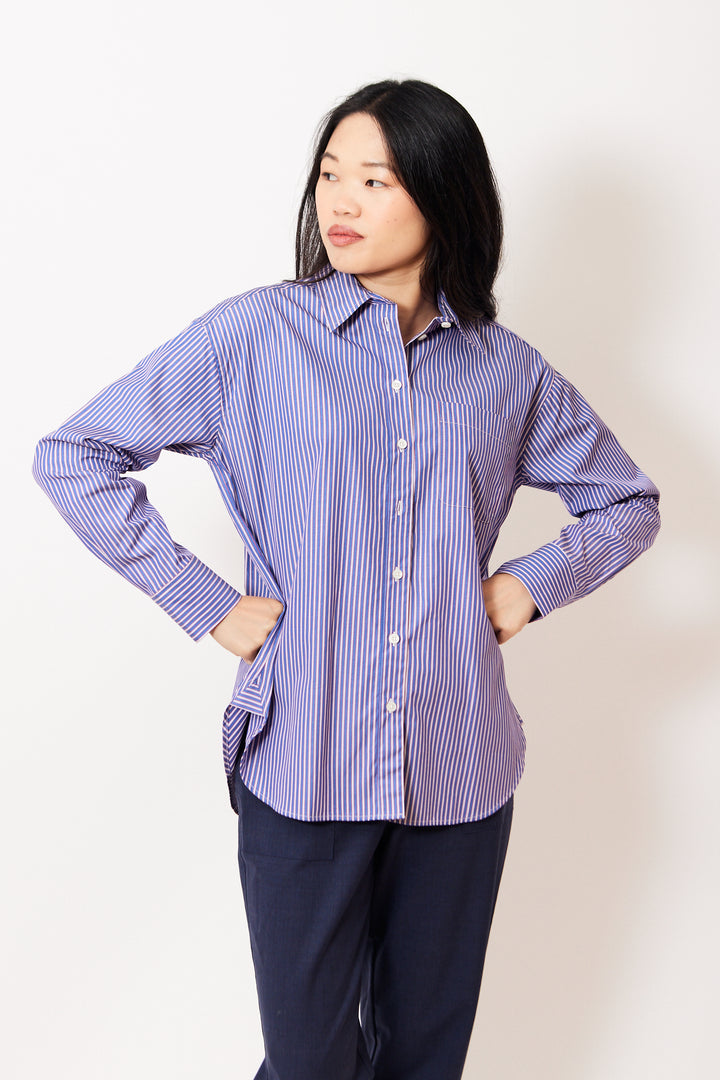 Madelyn wearing Clare V. Emiliette Oversized Shirt front view