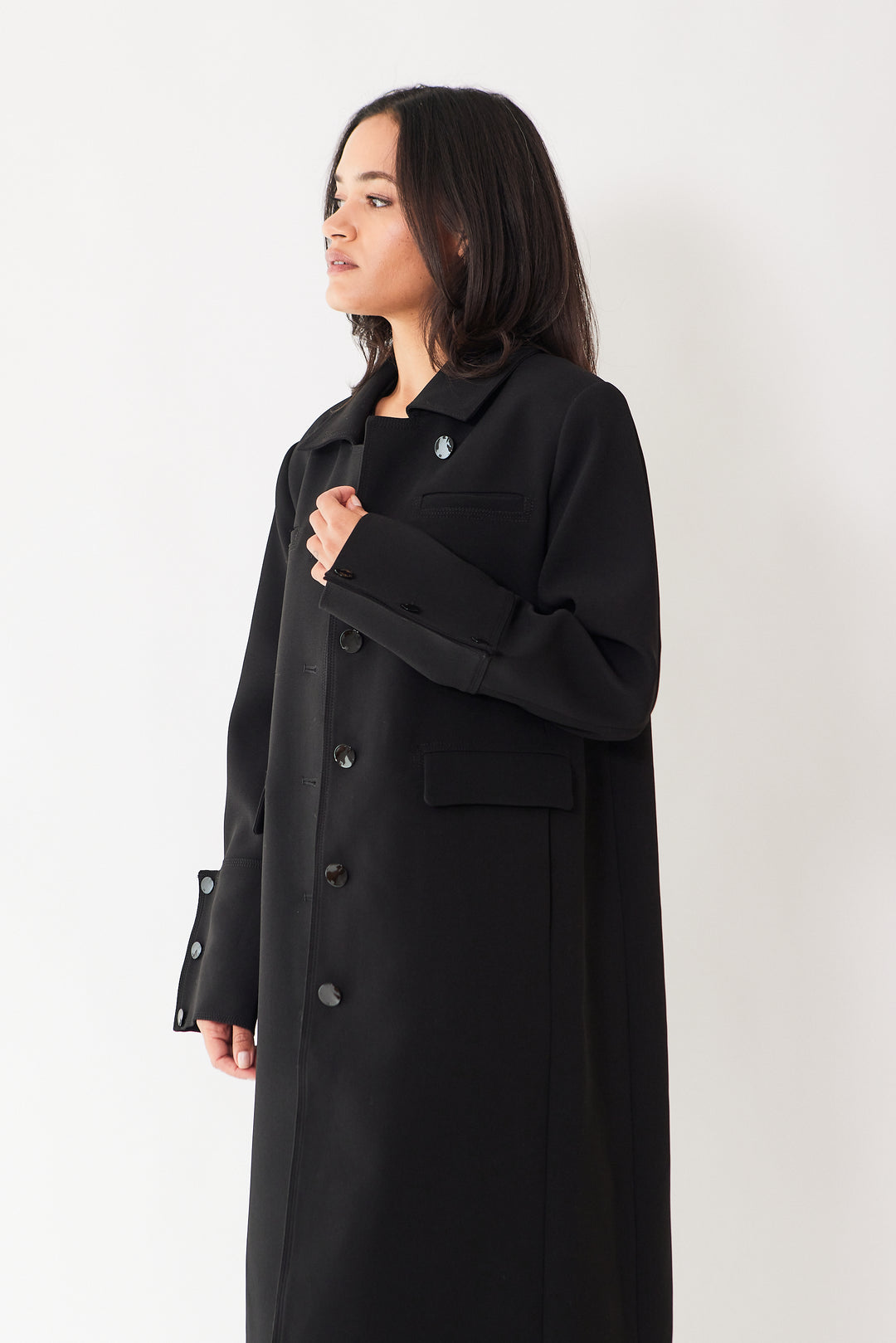 Amanda wearing Ganni Bonded Crepe Coat front/side view