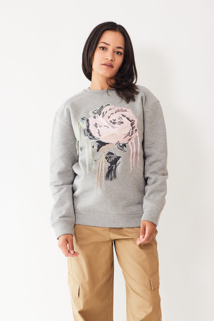 Amanda wearing Ganni Heavy Fleece Drop Shoulder Sweatshirt front view