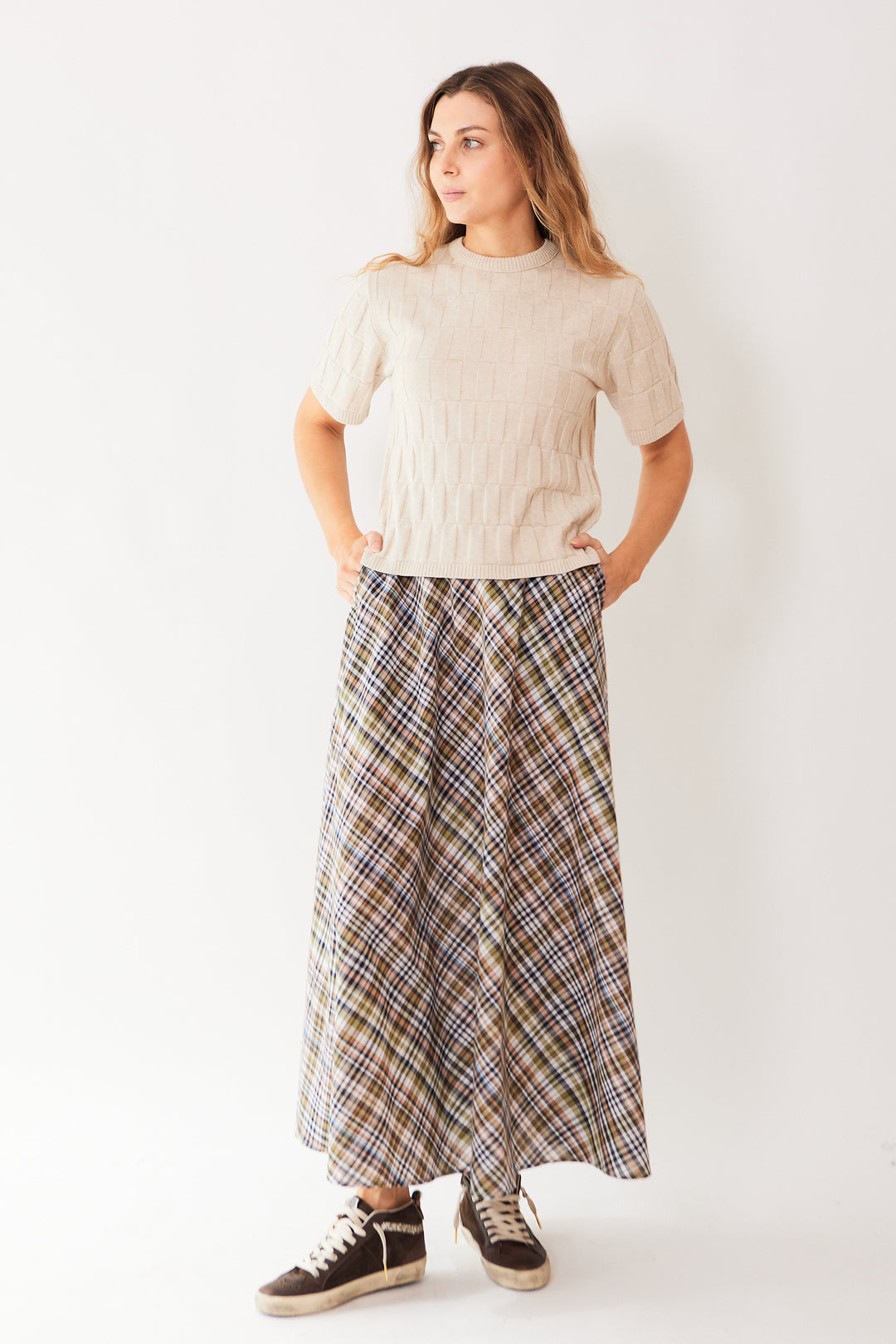 Mari wearing Kowtow Helene Skirt front view