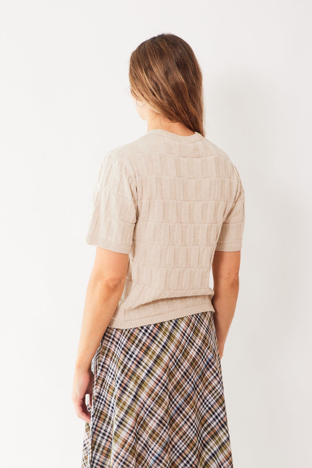 Mari wearing Kowtow Etch Tee Light rear view