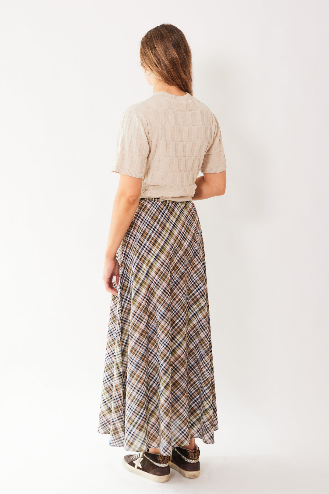 Mari wearing Kowtow Helene Skirt rear view