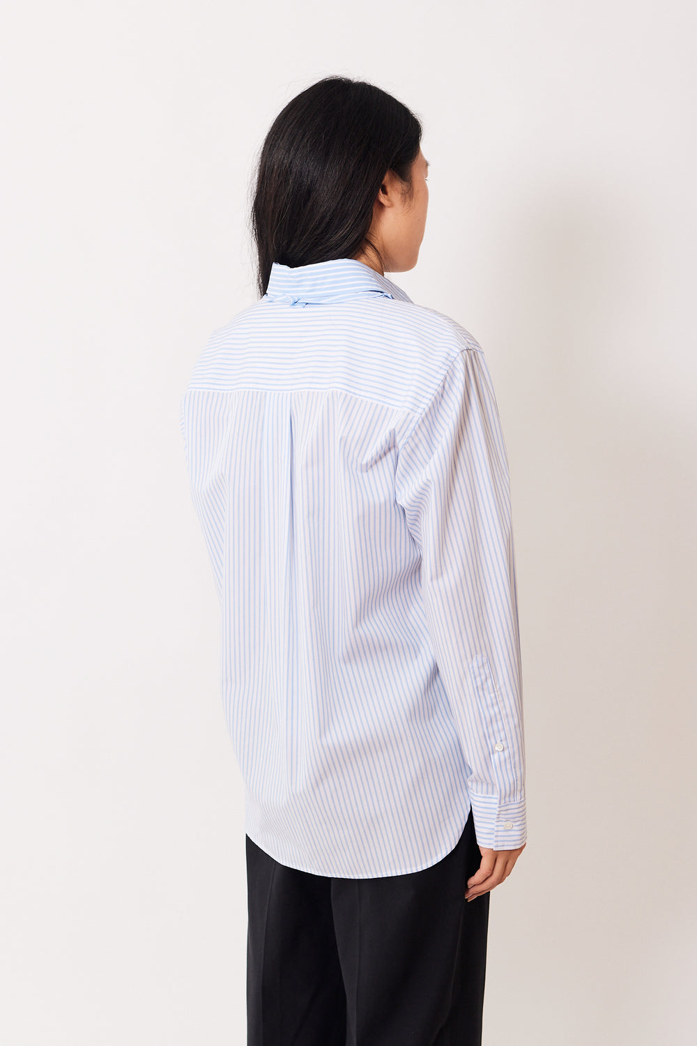 Madelyn wearing Seventy Button Your Way Striped Poplin Shirt rear view