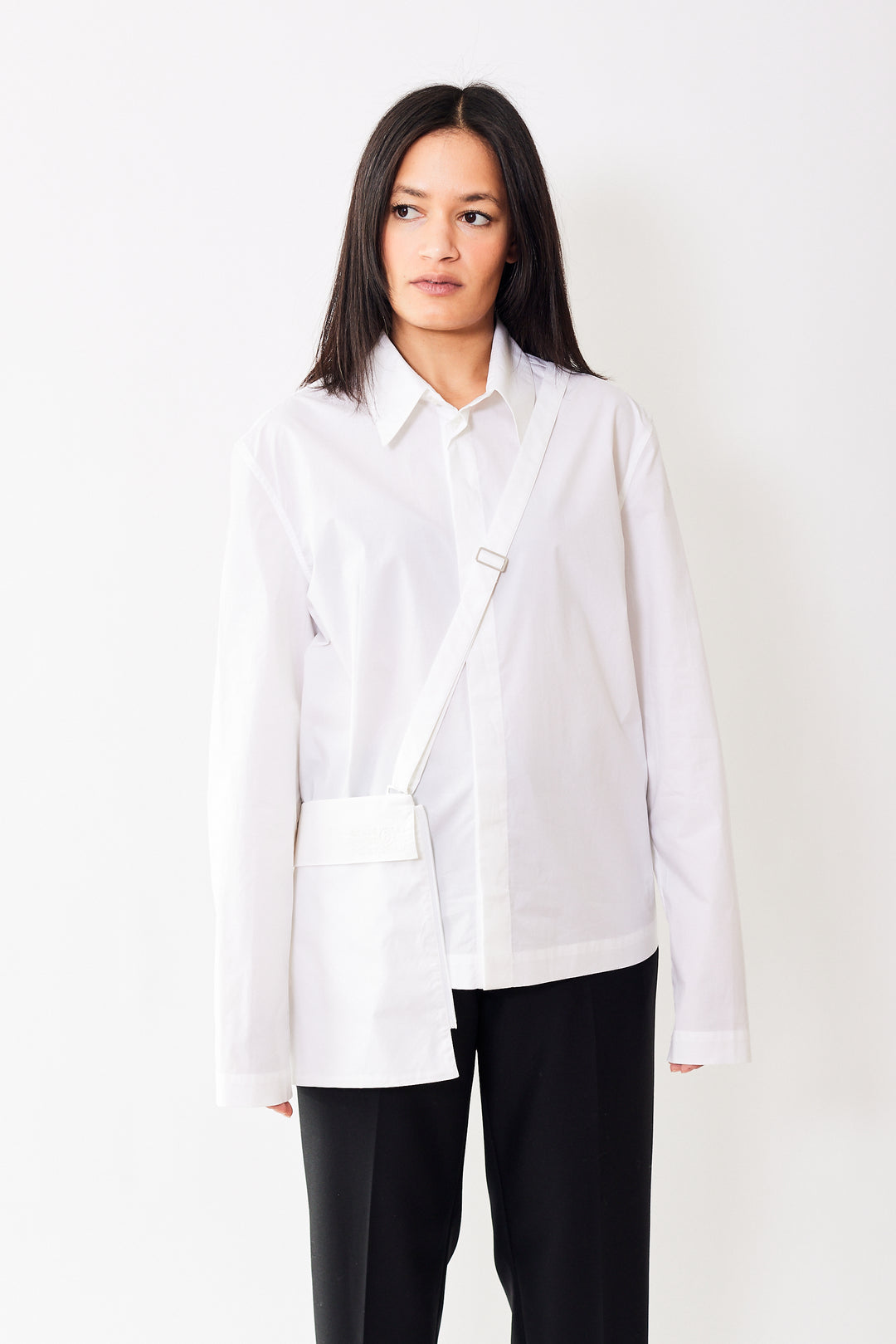 Front of MM6 Maison Margiela Poplin LS Shirt w/ Pocket Satchel on a model