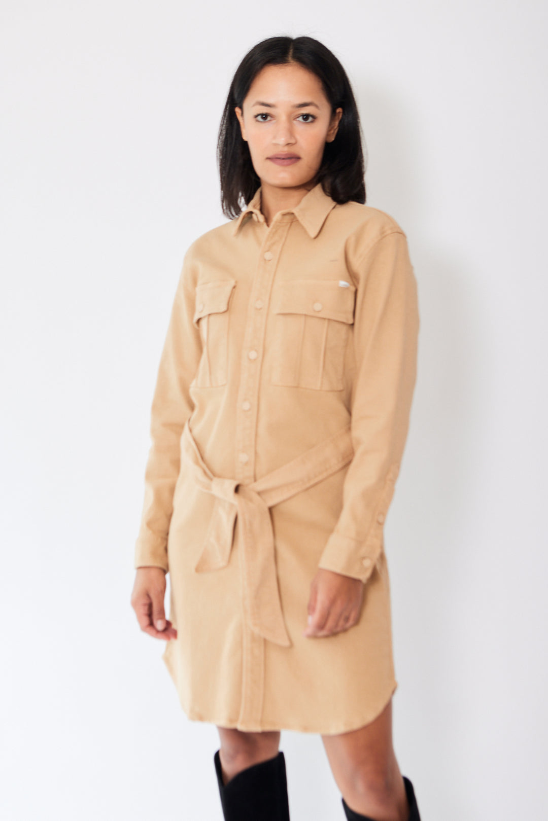 front of Mother Denim The Cadet Mini Shirt Dress on a model